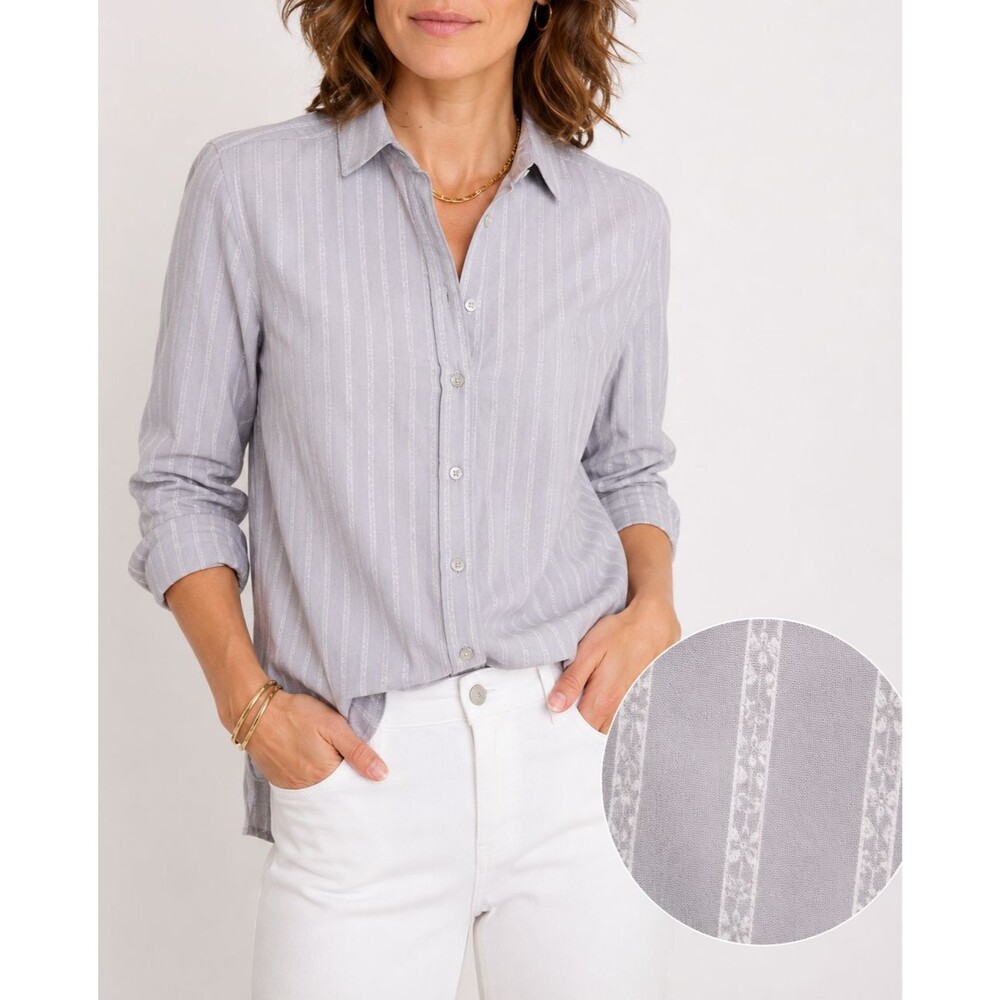 Garnet Hill Organic Pima Cotton Button Up Shirt Gray Striped Size 8 Minimalist